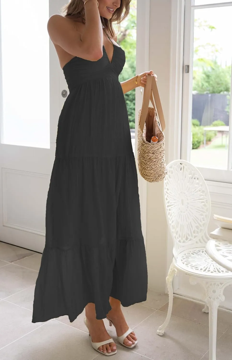 Women Halter Neck Maxi Dress Floral Flowy Backless Long Dress Y2K Low Cut Ruffle Sleeveless Sundress Beachwear