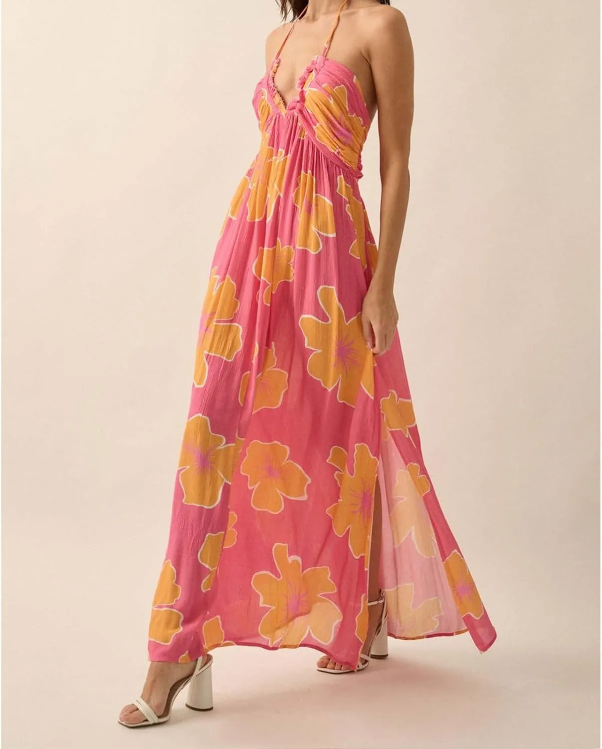 Women Halter Neck Maxi Dress Floral Flowy Backless Long Dress Y2K Low Cut Ruffle Sleeveless Sundress Beachwear