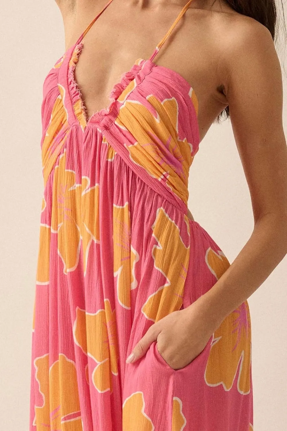 Women Halter Neck Maxi Dress Floral Flowy Backless Long Dress Y2K Low Cut Ruffle Sleeveless Sundress Beachwear