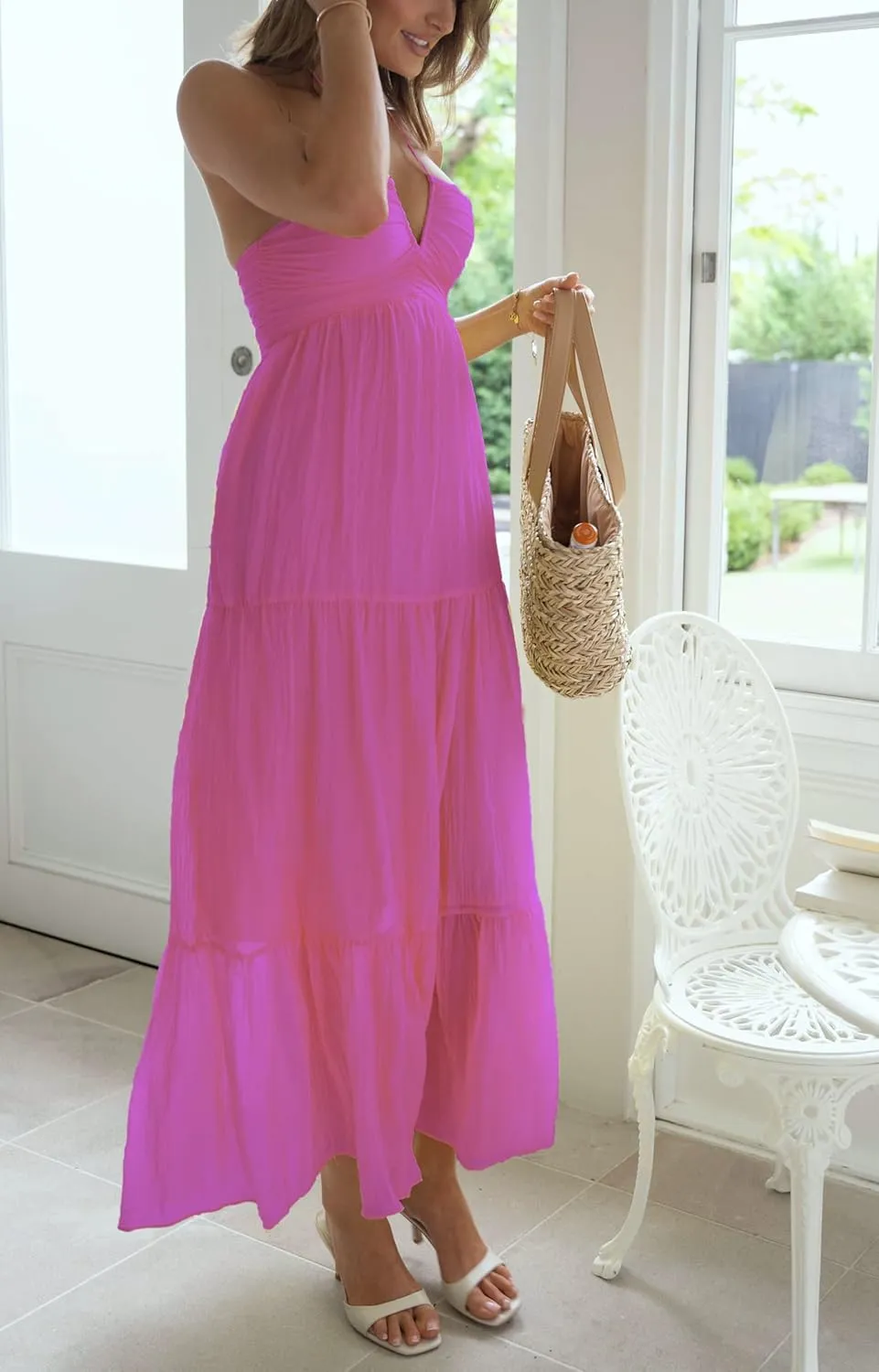 Women Halter Neck Maxi Dress Floral Flowy Backless Long Dress Y2K Low Cut Ruffle Sleeveless Sundress Beachwear