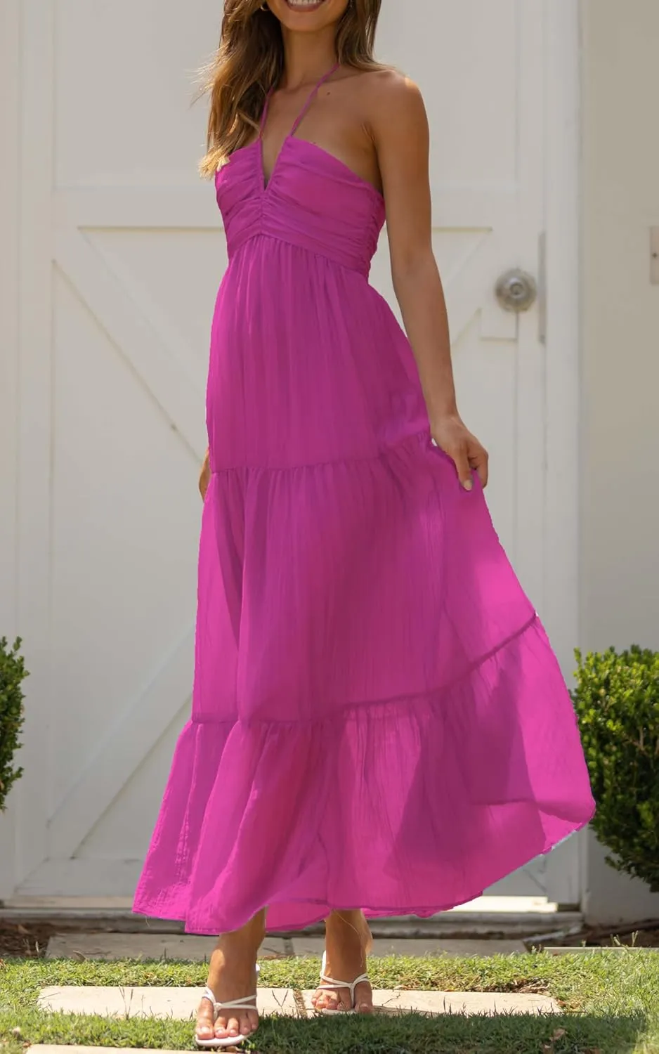Women Halter Neck Maxi Dress Floral Flowy Backless Long Dress Y2K Low Cut Ruffle Sleeveless Sundress Beachwear
