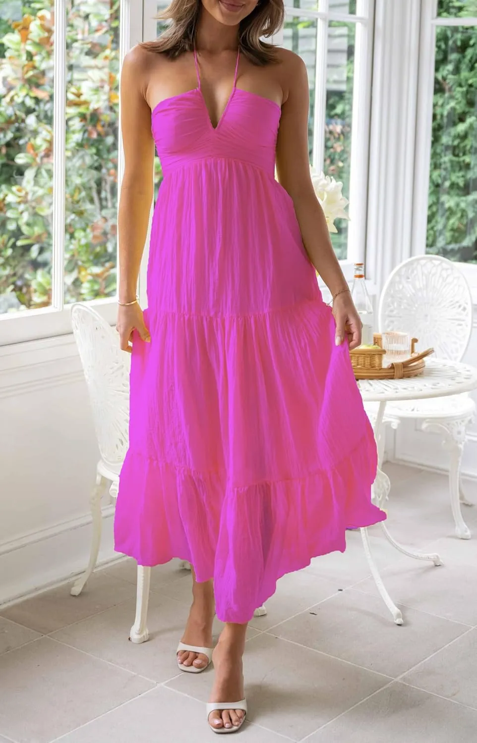Women Halter Neck Maxi Dress Floral Flowy Backless Long Dress Y2K Low Cut Ruffle Sleeveless Sundress Beachwear