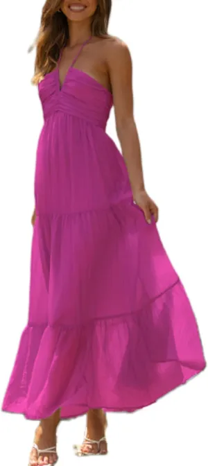 Women Halter Neck Maxi Dress Floral Flowy Backless Long Dress Y2K Low Cut Ruffle Sleeveless Sundress Beachwear
