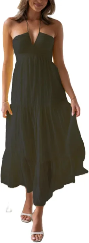 Women Halter Neck Maxi Dress Floral Flowy Backless Long Dress Y2K Low Cut Ruffle Sleeveless Sundress Beachwear