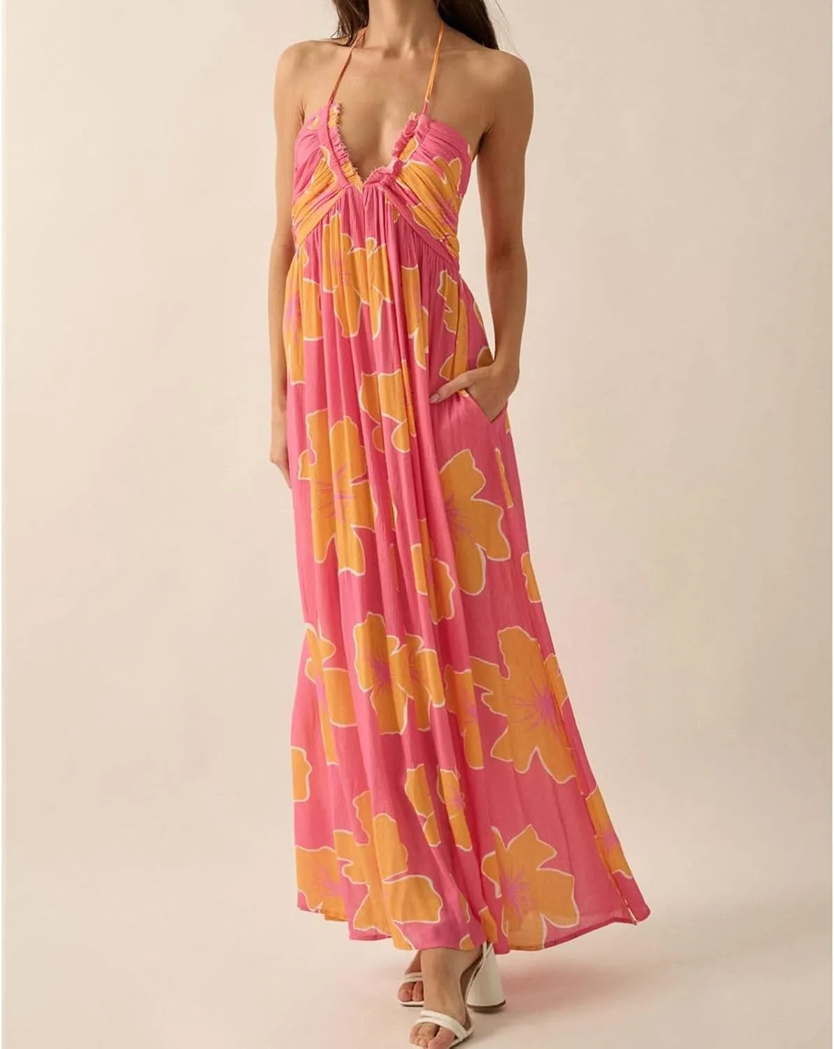 Women Halter Neck Maxi Dress Floral Flowy Backless Long Dress Y2K Low Cut Ruffle Sleeveless Sundress Beachwear