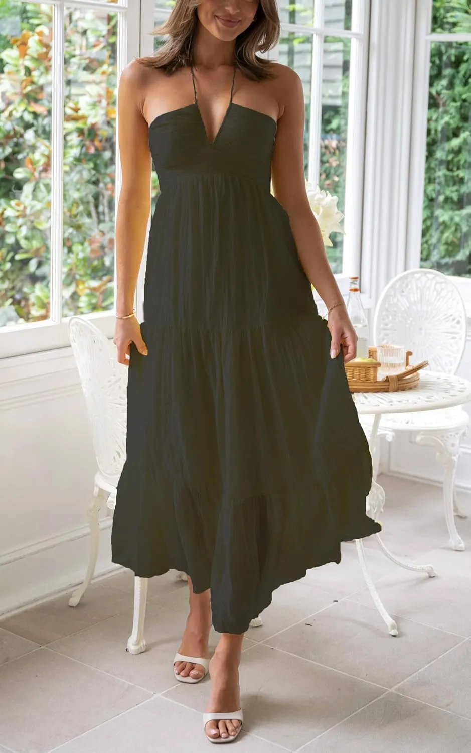 Women Halter Neck Maxi Dress Floral Flowy Backless Long Dress Y2K Low Cut Ruffle Sleeveless Sundress Beachwear