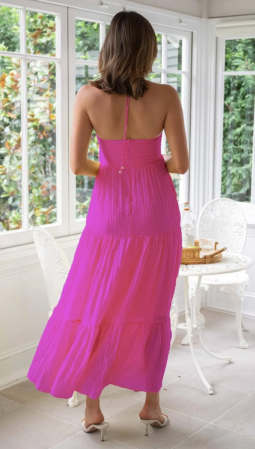 Women Halter Neck Maxi Dress Floral Flowy Backless Long Dress Y2K Low Cut Ruffle Sleeveless Sundress Beachwear