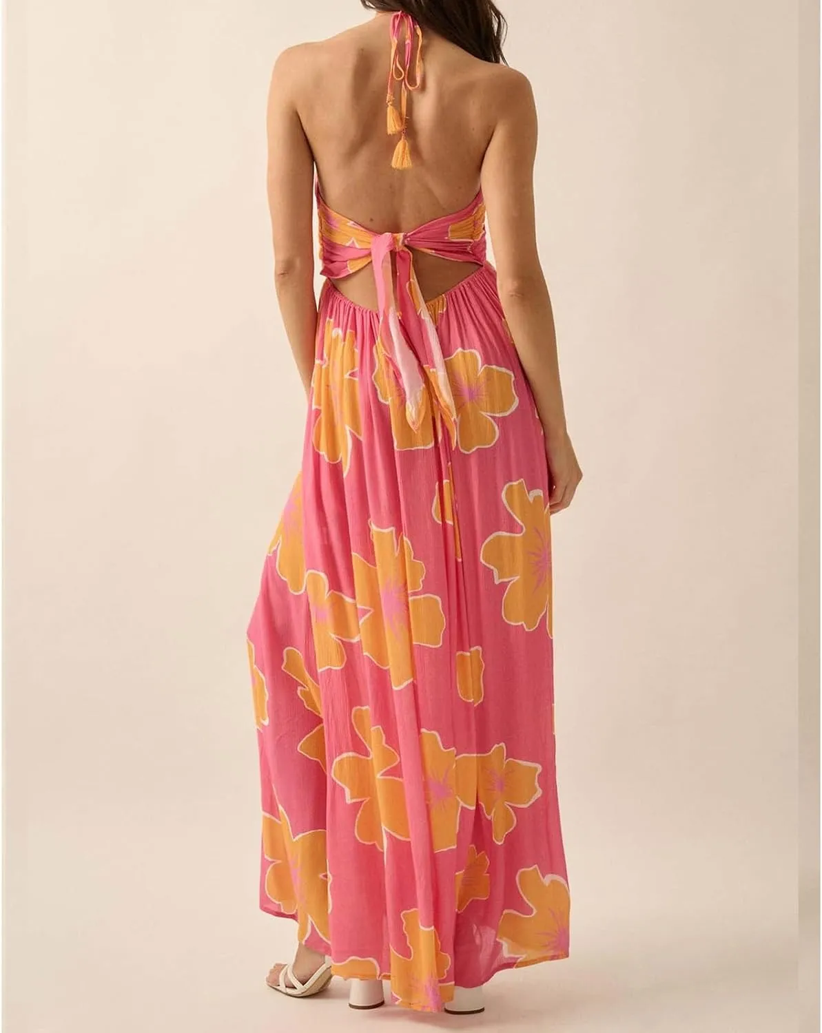 Women Halter Neck Maxi Dress Floral Flowy Backless Long Dress Y2K Low Cut Ruffle Sleeveless Sundress Beachwear