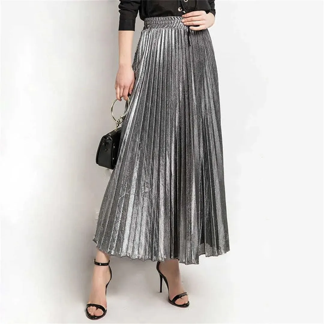 Women High Waist A-Line Pleated Sliver Vintage Elastic Long Halfbody Skirt