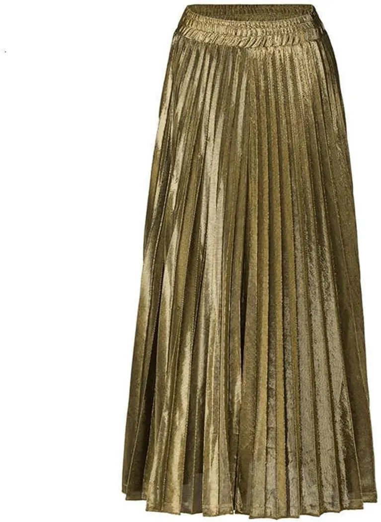 Women High Waist A-Line Pleated Sliver Vintage Elastic Long Halfbody Skirt