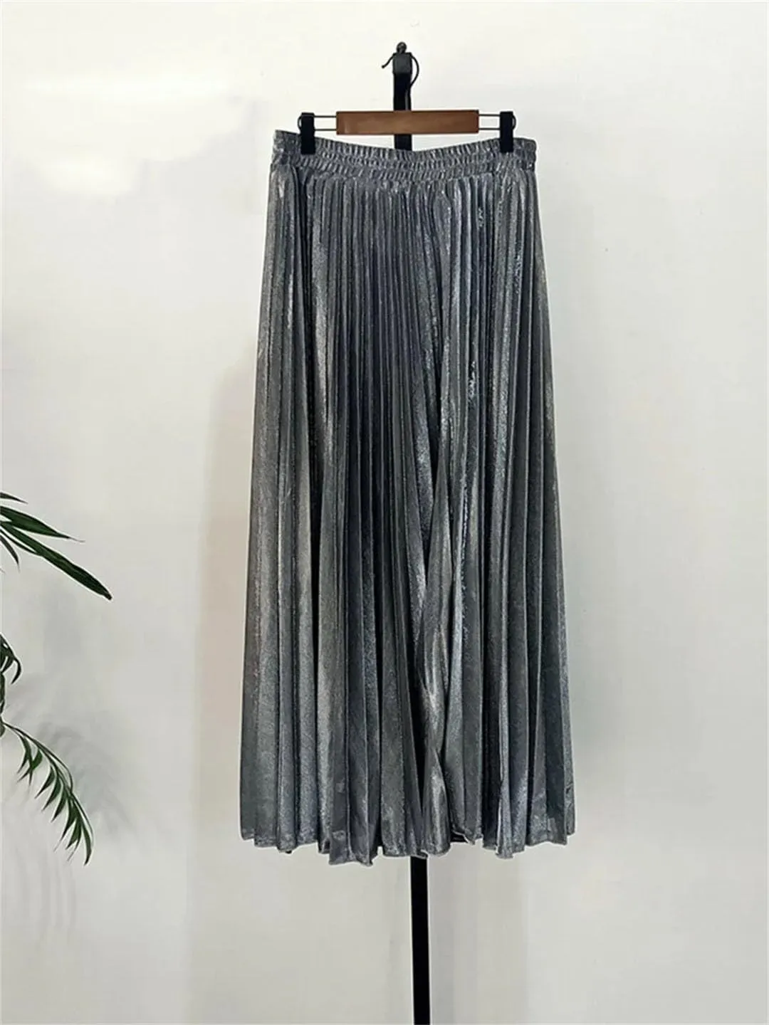 Women High Waist A-Line Pleated Sliver Vintage Elastic Long Halfbody Skirt