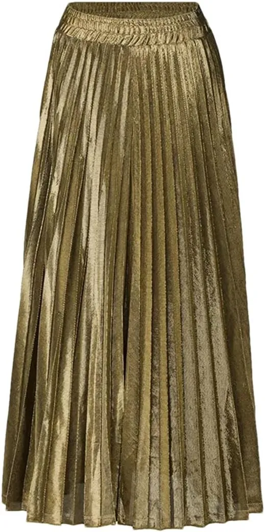 Women High Waist A-Line Pleated Sliver Vintage Elastic Long Halfbody Skirt