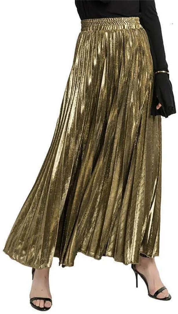 Women High Waist A-Line Pleated Sliver Vintage Elastic Long Halfbody Skirt
