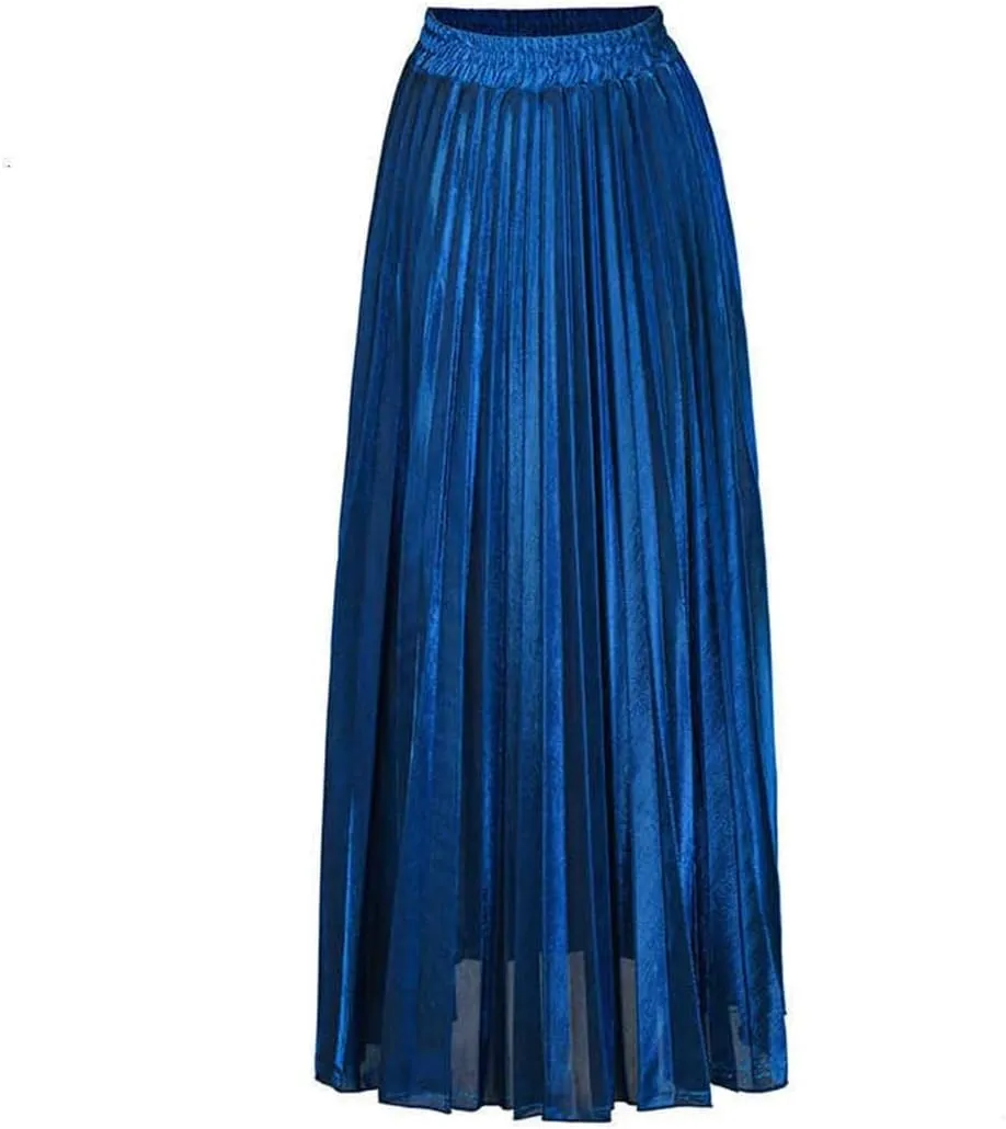 Women High Waist A-Line Pleated Sliver Vintage Elastic Long Halfbody Skirt