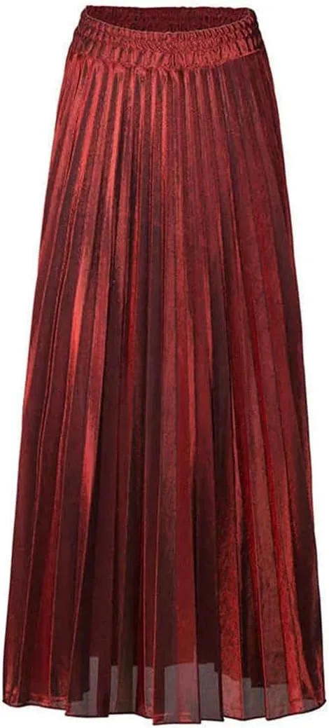 Women High Waist A-Line Pleated Sliver Vintage Elastic Long Halfbody Skirt