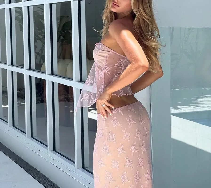 Women Lace Maxi Skirt Set Y2K See Through Mesh Tube Top Bodycon Maxi Skirt Outfits Summer Going Out Streetwear
