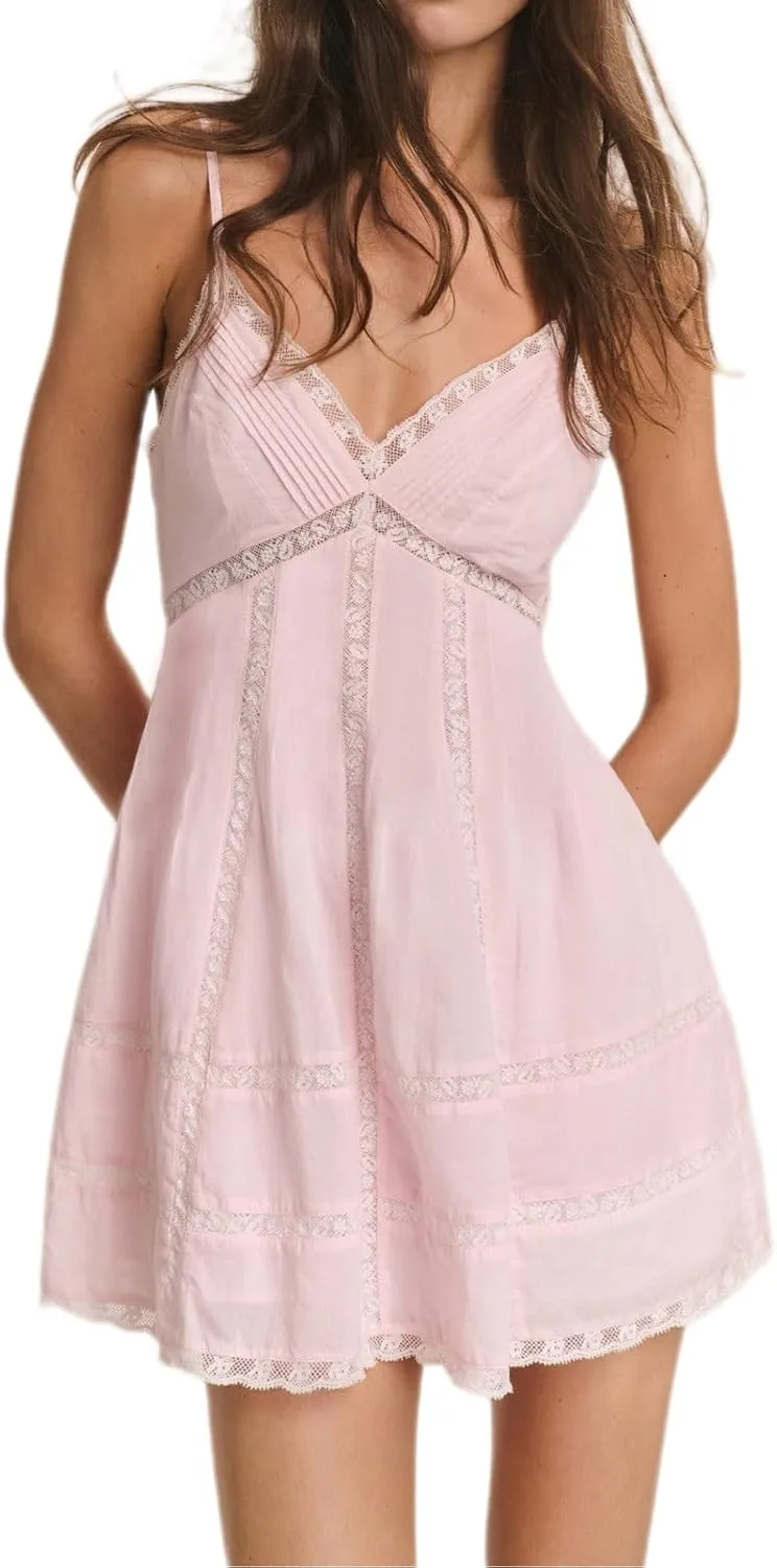 Women Lace V Neck Short Dress Spaghetti Strap Backless Sleeveless Mini Dress Cinched Waist Flowy Beach Dresses