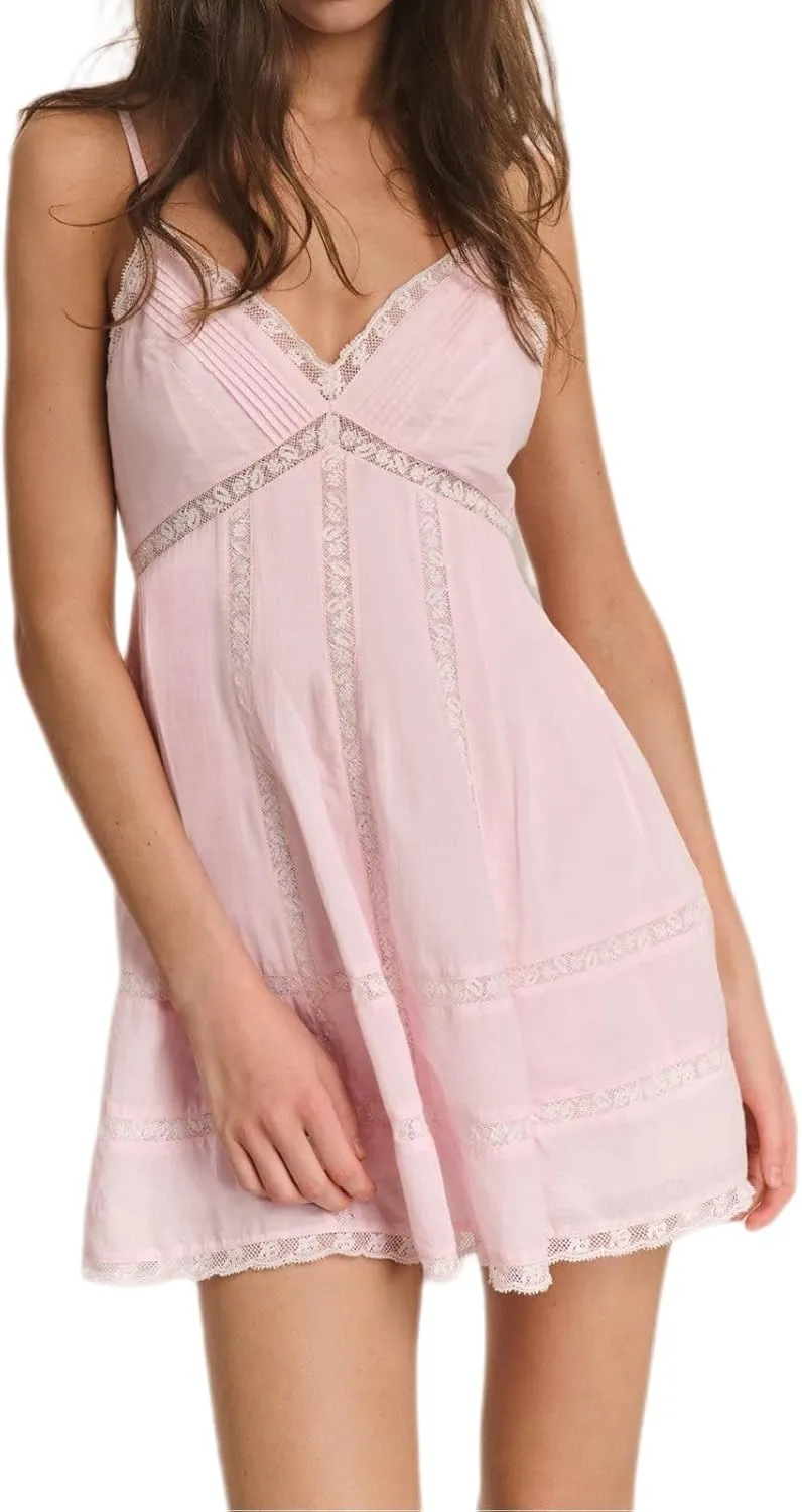Women Lace V Neck Short Dress Spaghetti Strap Backless Sleeveless Mini Dress Cinched Waist Flowy Beach Dresses