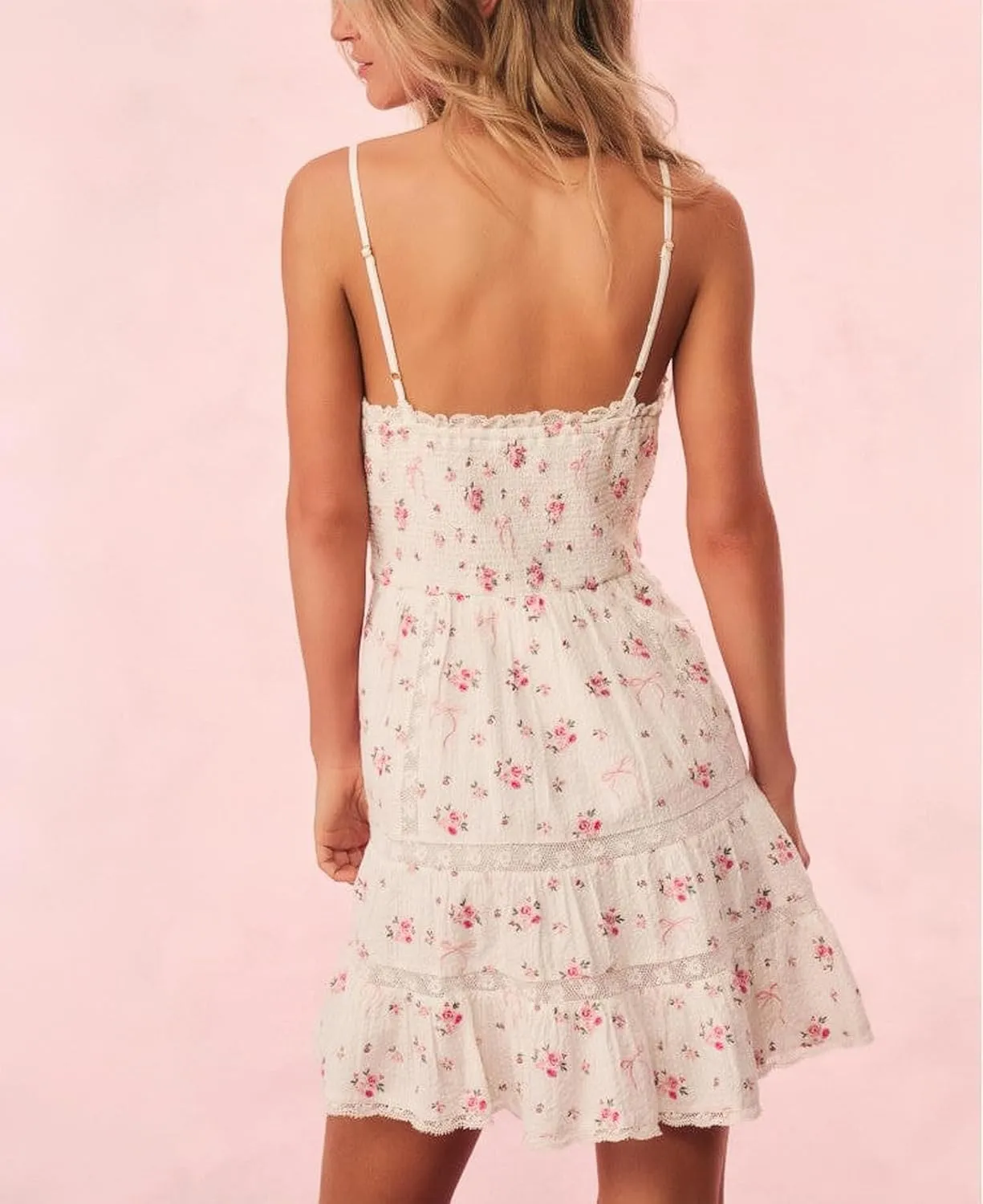 Women Lace V Neck Short Dress Spaghetti Strap Backless Sleeveless Mini Dress Cinched Waist Flowy Beach Dresses