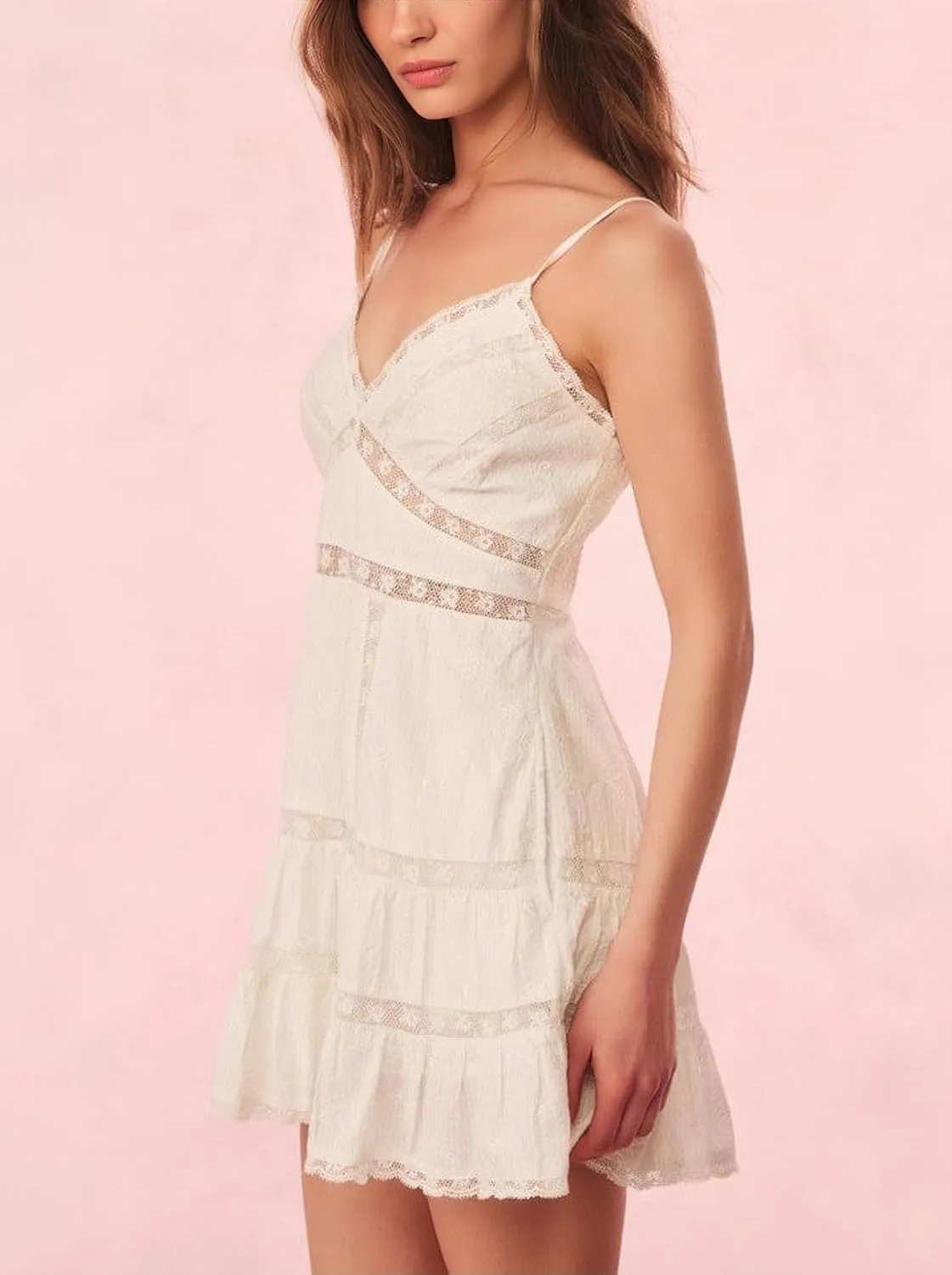 Women Lace V Neck Short Dress Spaghetti Strap Backless Sleeveless Mini Dress Cinched Waist Flowy Beach Dresses
