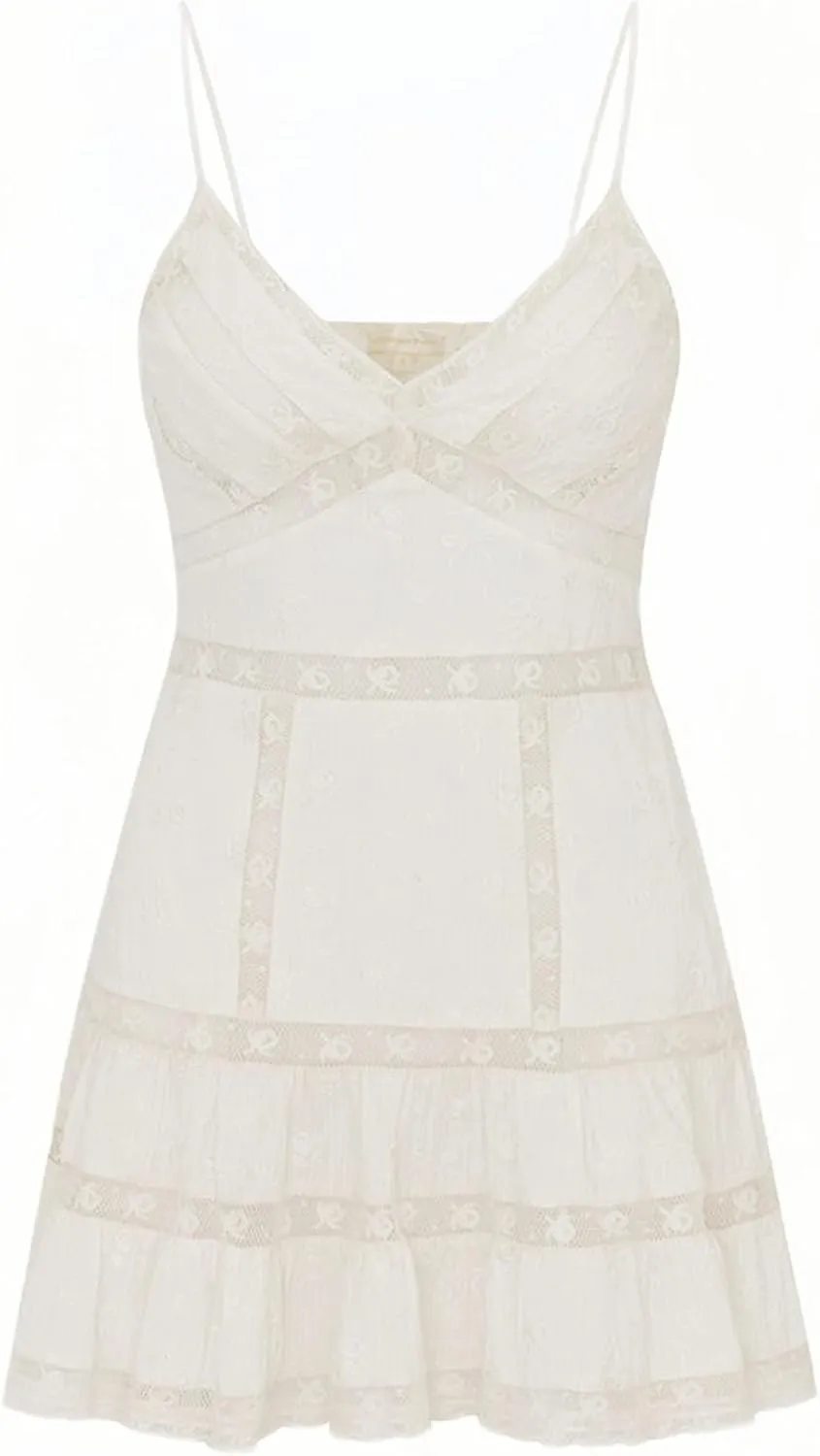 Women Lace V Neck Short Dress Spaghetti Strap Backless Sleeveless Mini Dress Cinched Waist Flowy Beach Dresses