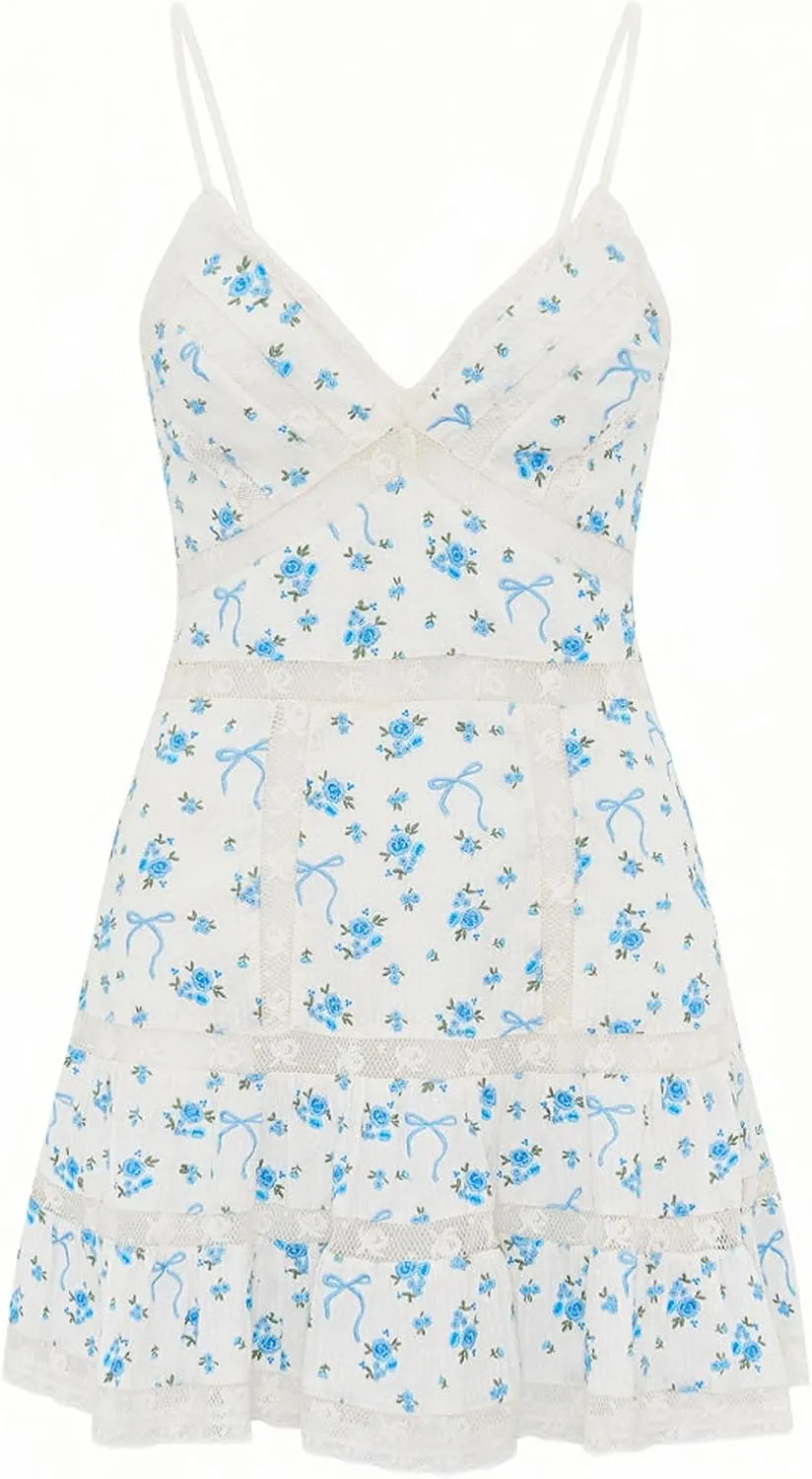 Women Lace V Neck Short Dress Spaghetti Strap Backless Sleeveless Mini Dress Cinched Waist Flowy Beach Dresses