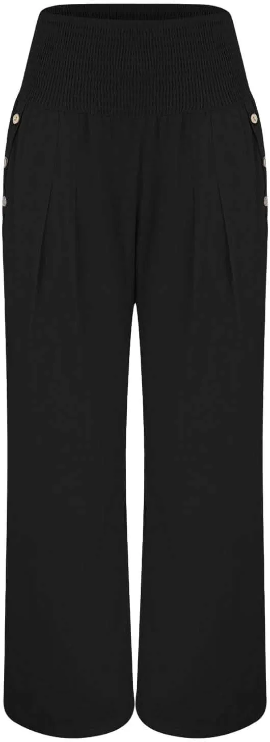 Women Linen Palazzo Pants Wide Leg High Waist Lounge Spring Casual Boho Trousers Travel Vacation Outfit with Pocket