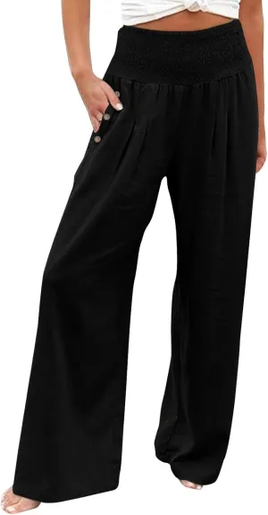 Women Linen Palazzo Pants Wide Leg High Waist Lounge Spring Casual Boho Trousers Travel Vacation Outfit with Pocket