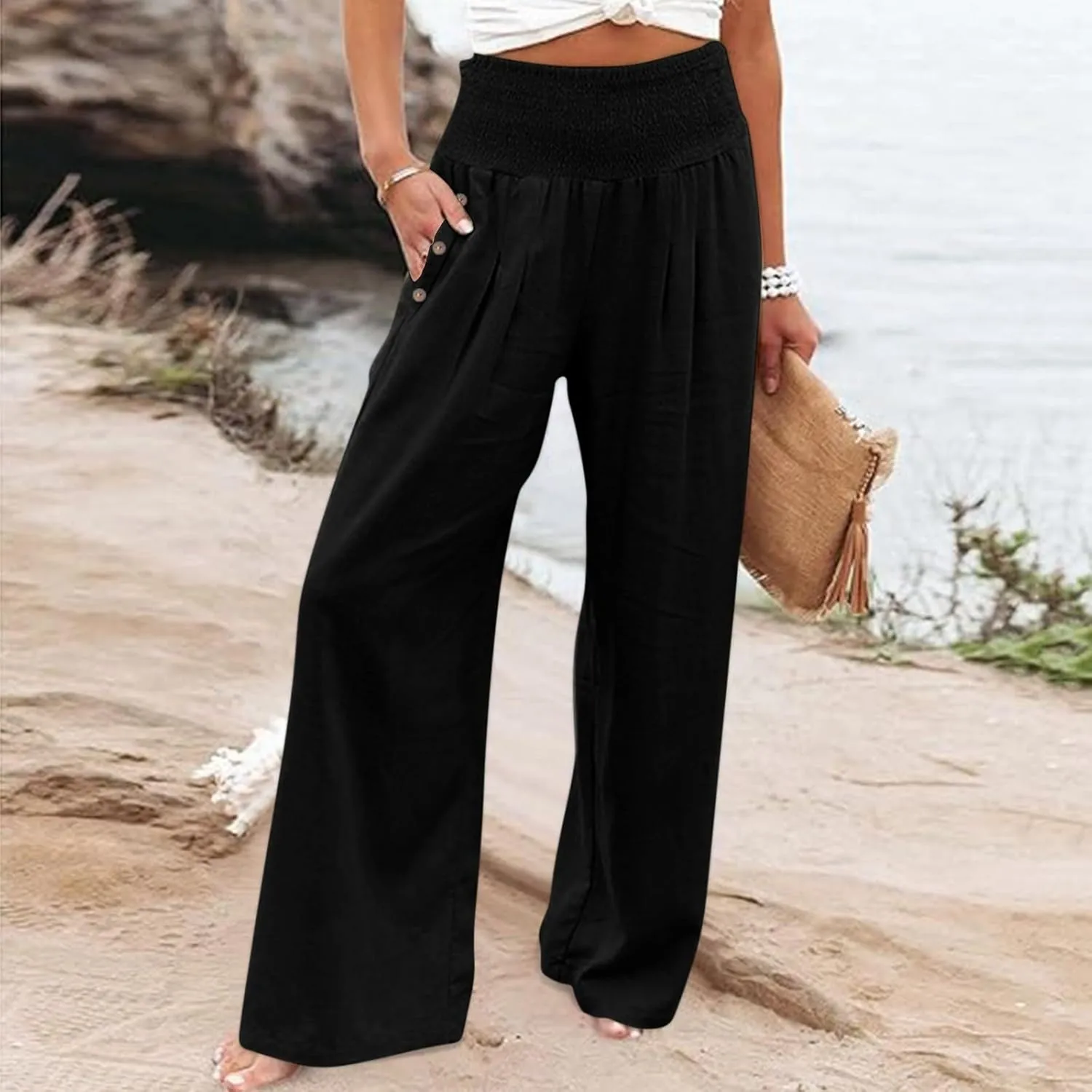 Women Linen Palazzo Pants Wide Leg High Waist Lounge Spring Casual Boho Trousers Travel Vacation Outfit with Pocket
