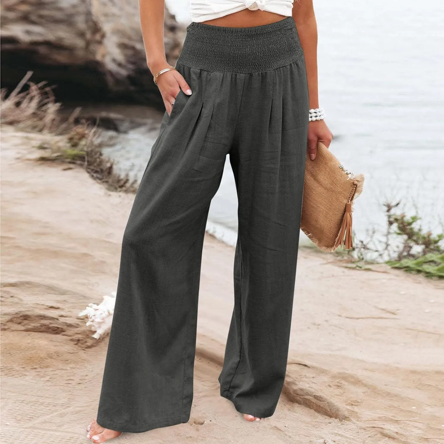 Women Linen Palazzo Pants Wide Leg High Waisted Long Lounge Pant 2025 Summer Beach Vacation Outfits Pockets Trousers