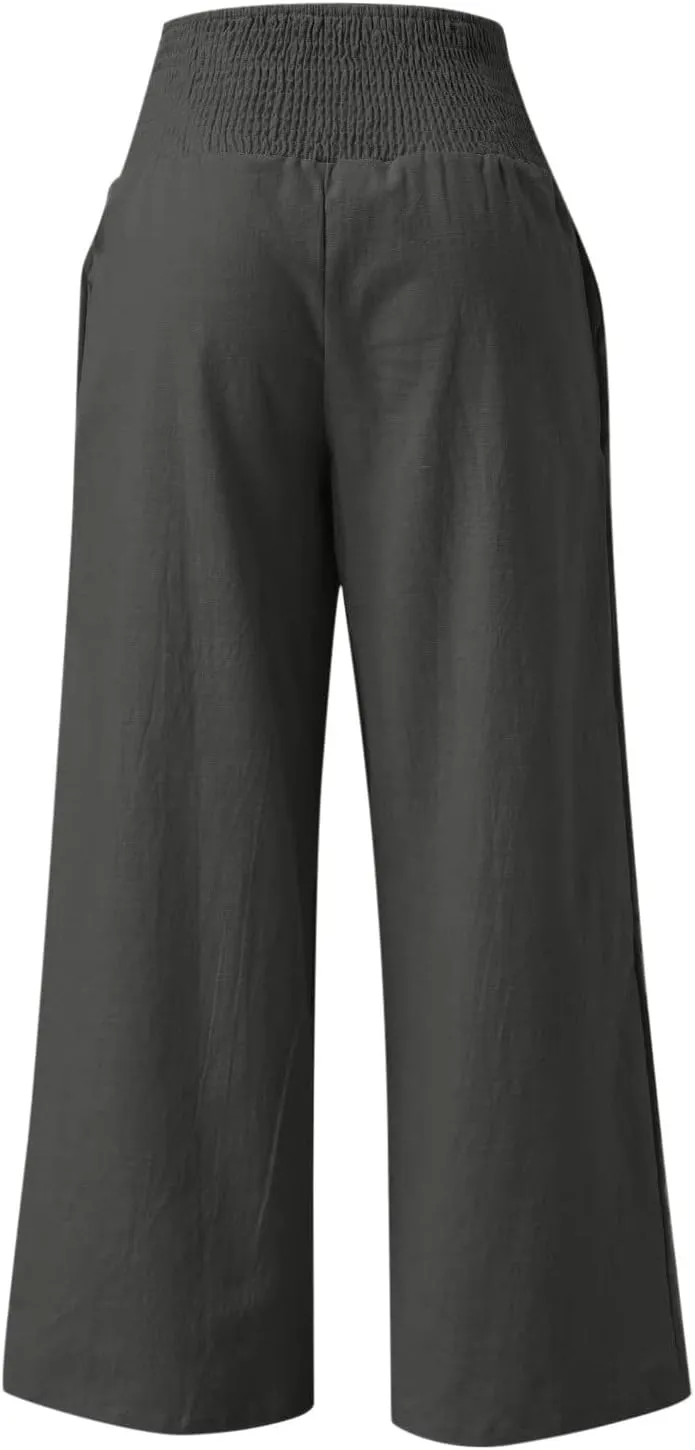 Women Linen Palazzo Pants Wide Leg High Waisted Long Lounge Pant 2025 Summer Beach Vacation Outfits Pockets Trousers