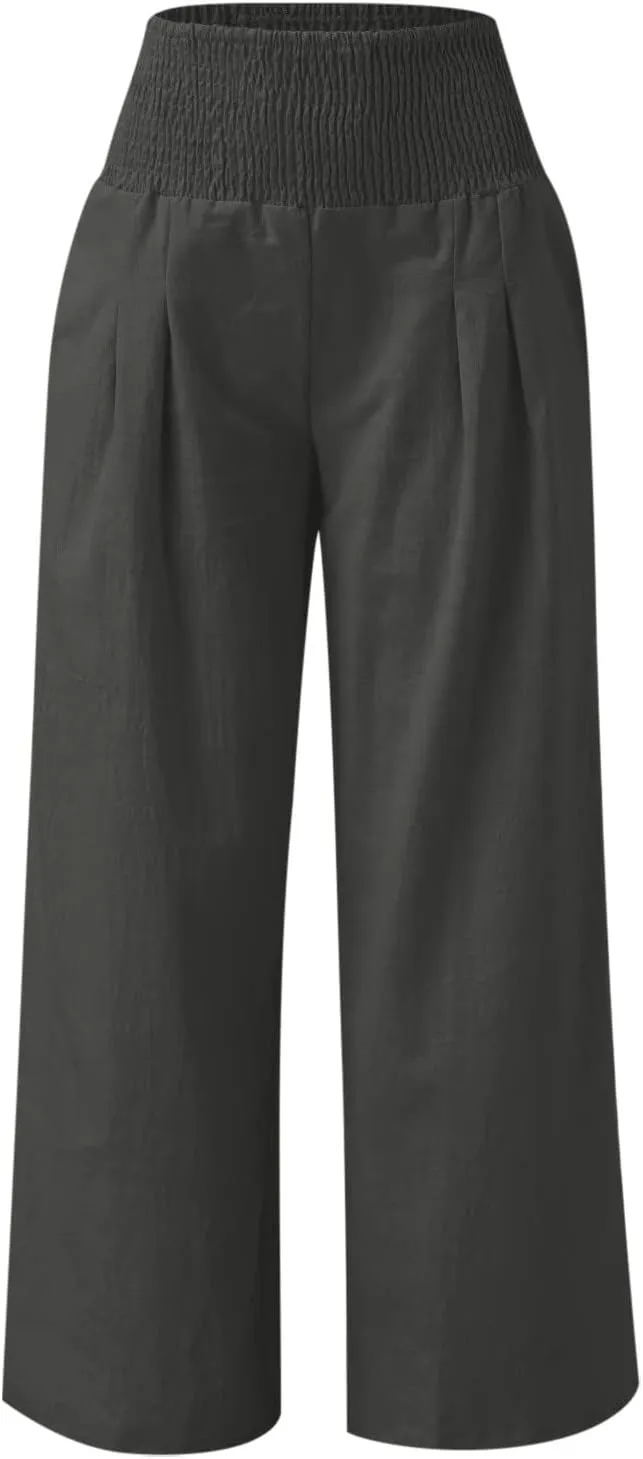 Women Linen Palazzo Pants Wide Leg High Waisted Long Lounge Pant 2025 Summer Beach Vacation Outfits Pockets Trousers