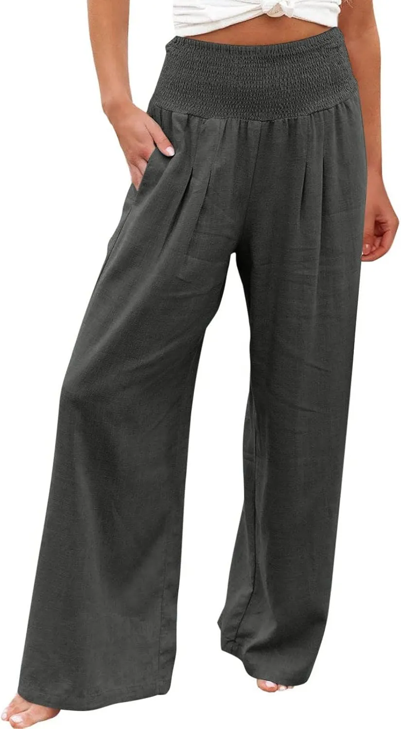 Women Linen Palazzo Pants Wide Leg High Waisted Long Lounge Pant 2025 Summer Beach Vacation Outfits Pockets Trousers