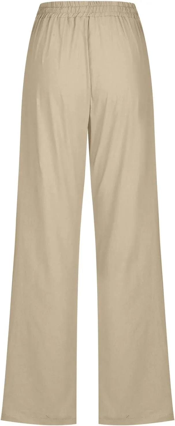 Women Linen Pants 2025 Casual Drawstring High Waisted Summer Pants Baggy Straight Leg Lounge Long Trousers with Pockets