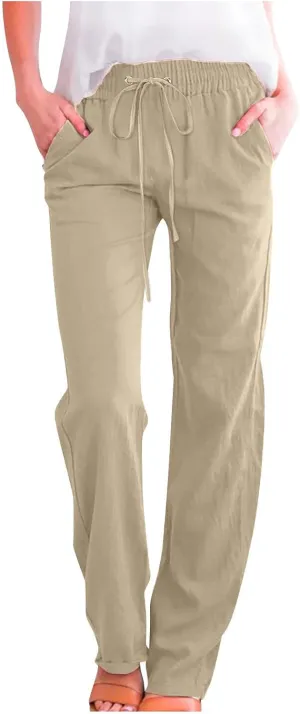 Women Linen Pants 2025 Casual Drawstring High Waisted Summer Pants Baggy Straight Leg Lounge Long Trousers with Pockets
