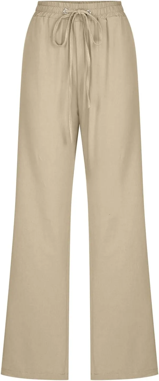 Women Linen Pants 2025 Casual Drawstring High Waisted Summer Pants Baggy Straight Leg Lounge Long Trousers with Pockets