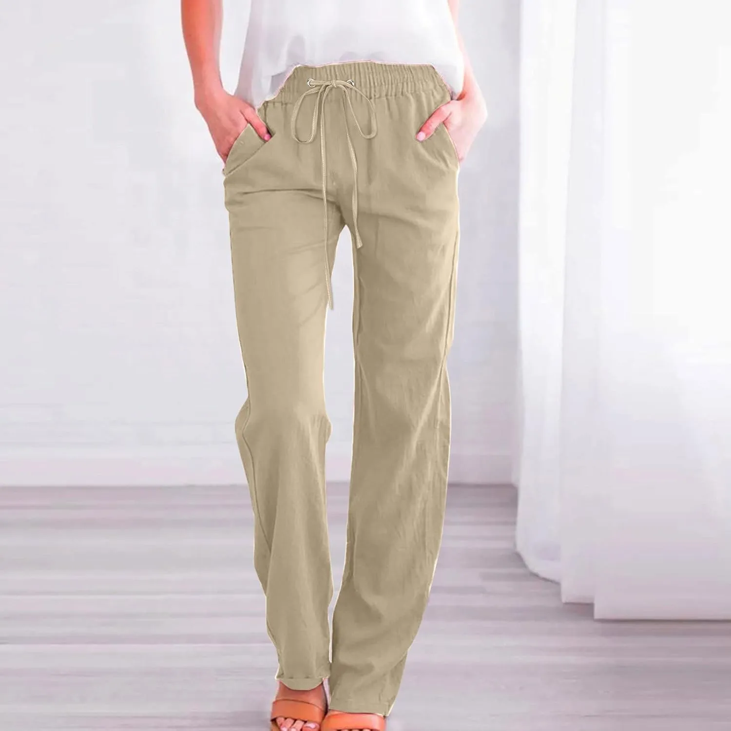 Women Linen Pants 2025 Casual Drawstring High Waisted Summer Pants Baggy Straight Leg Lounge Long Trousers with Pockets