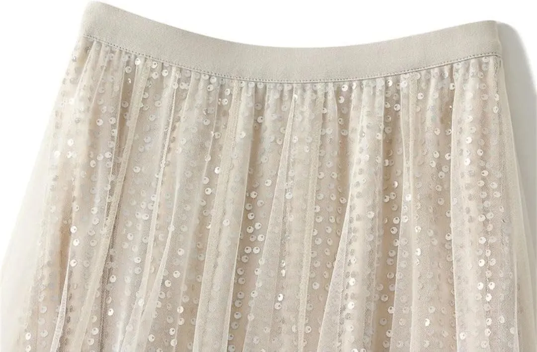Women Mesh Sequin A-Line Skirt Long High Waist Midi Tulle Skirt Ruffles Cake Skirts