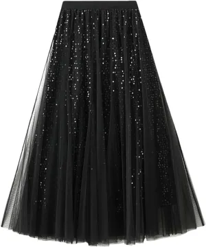 Women Mesh Sequin A-Line Skirt Long High Waist Midi Tulle Skirt Ruffles Cake Skirts