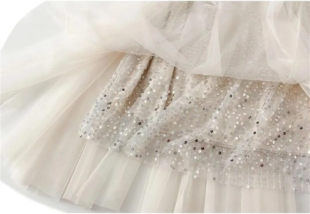 Women Mesh Sequin A-Line Skirt Long High Waist Midi Tulle Skirt Ruffles Cake Skirts