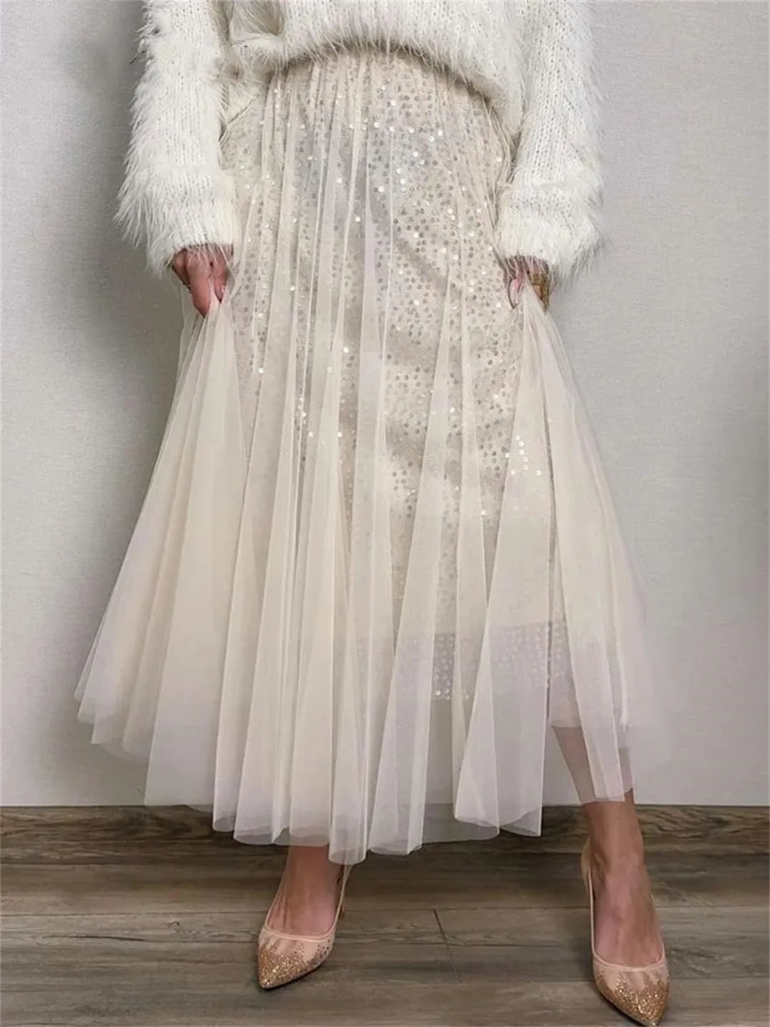Women Mesh Sequin A-Line Skirt Long High Waist Midi Tulle Skirt Ruffles Cake Skirts