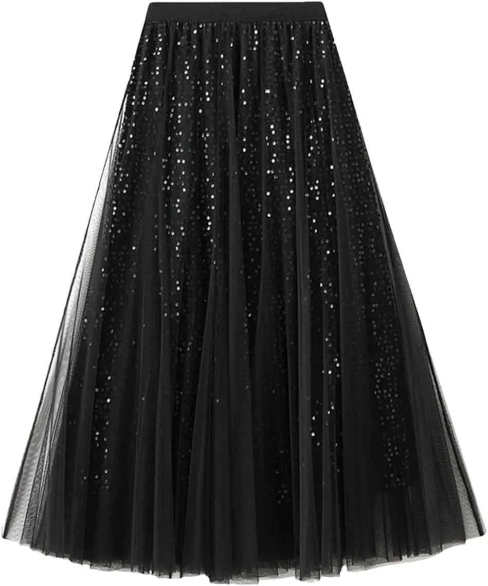 Women Mesh Sequin A-Line Skirt Long High Waist Midi Tulle Skirt Ruffles Cake Skirts