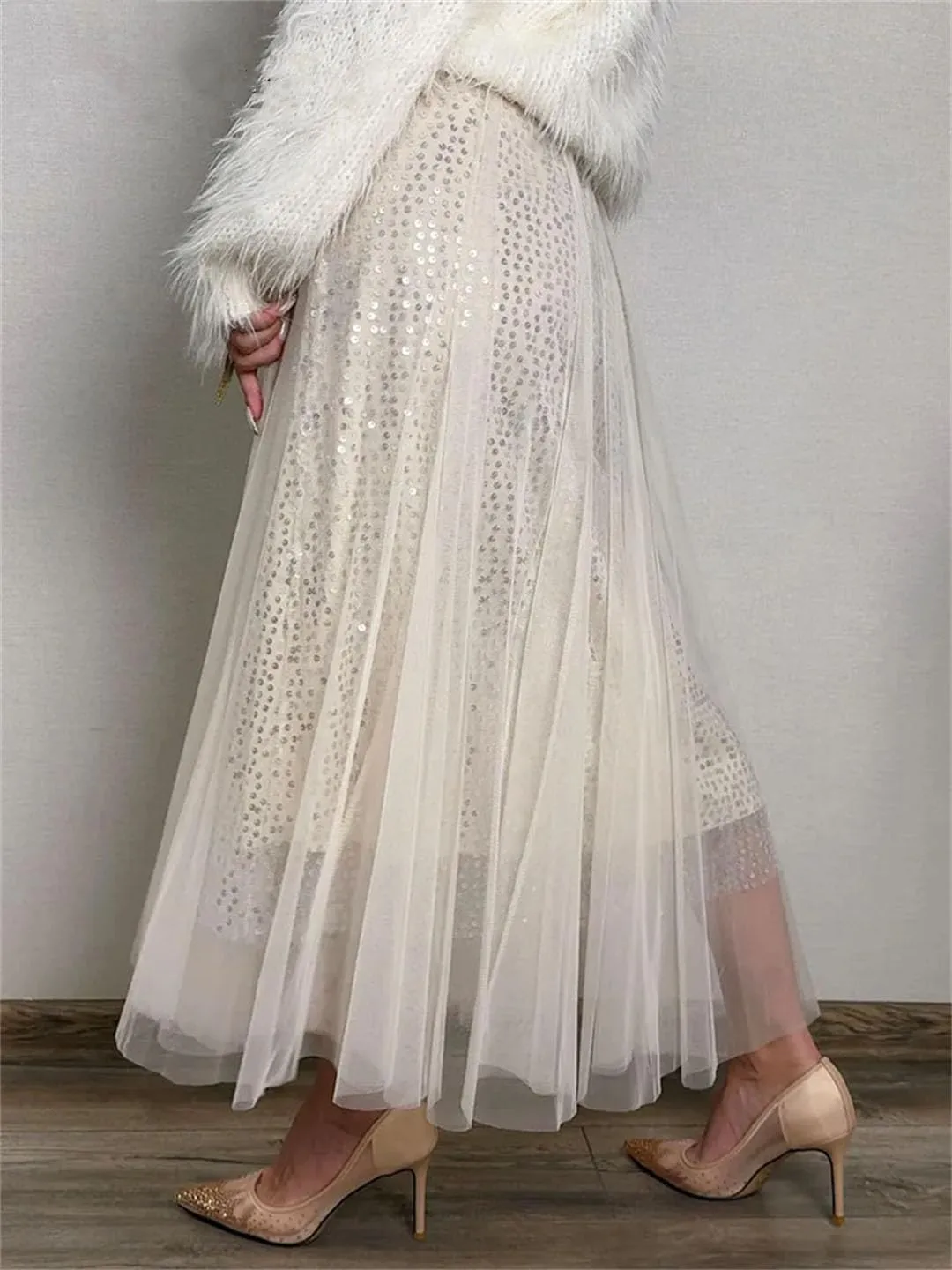 Women Mesh Sequin A-Line Skirt Long High Waist Midi Tulle Skirt Ruffles Cake Skirts