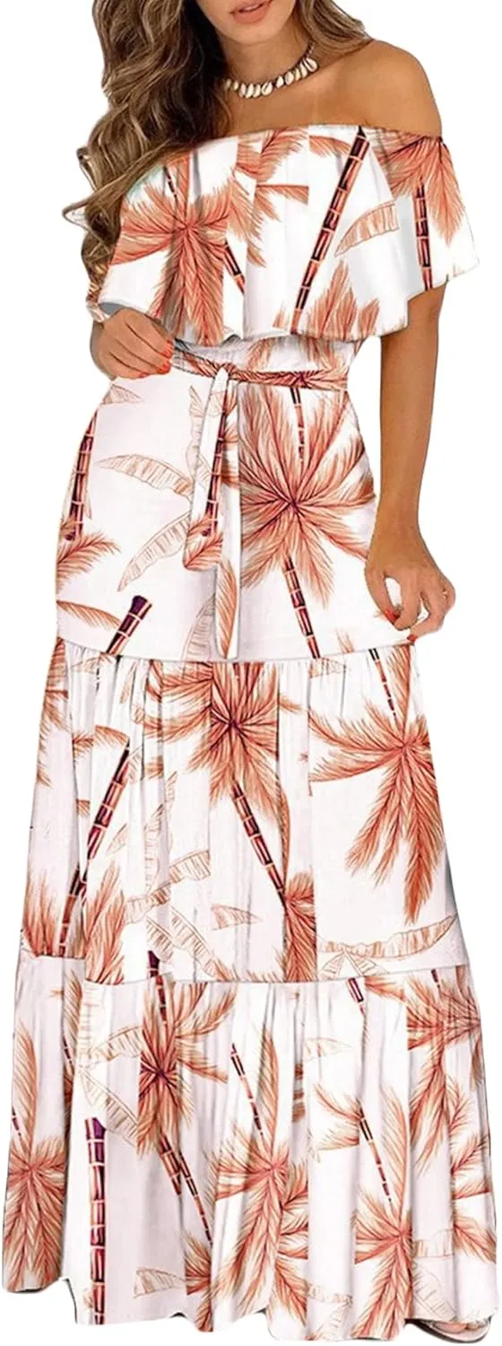 Women Off The Shoulder Ruffles Dress Casual Floral Beach Party Maxi Dresses Summer Printed Loose Cocktail Dress