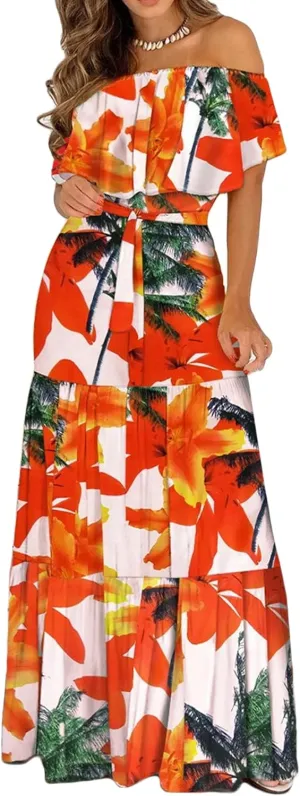Women Off The Shoulder Ruffles Dress Casual Floral Beach Party Maxi Dresses Summer Printed Loose Cocktail Dress