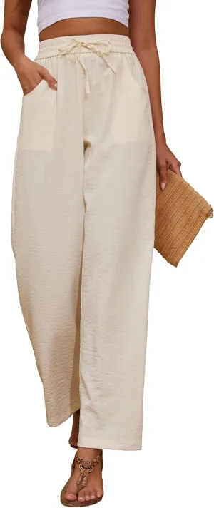 Women Pants Flowy Pants Drawstring Waist Wide Leg Palazzo Beach Pants Loose Fit with Pockets
