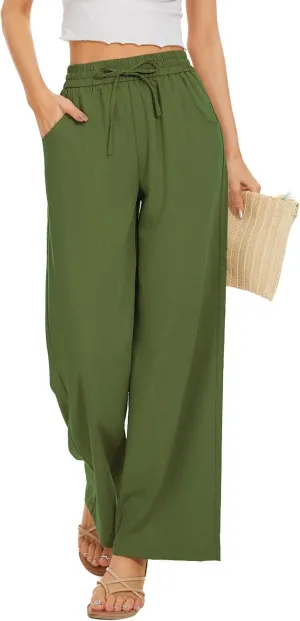 Women Pants Flowy Pants Drawstring Waist Wide Leg Palazzo Beach Pants Loose Fit with Pockets