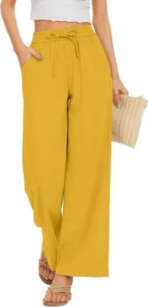 Women Pants Flowy Pants Drawstring Waist Wide Leg Palazzo Beach Pants Loose Fit with Pockets