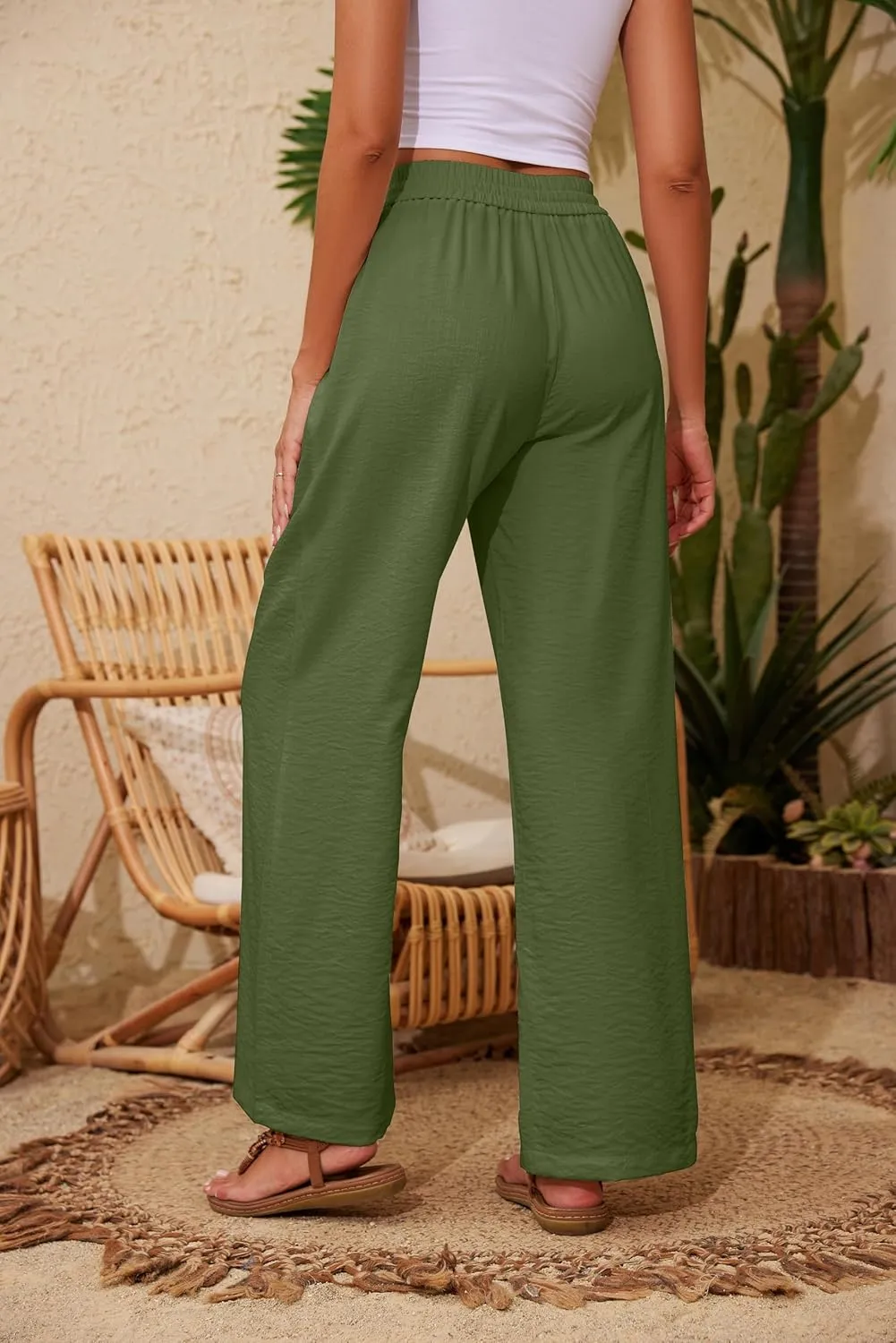 Women Pants Flowy Pants Drawstring Waist Wide Leg Palazzo Beach Pants Loose Fit with Pockets