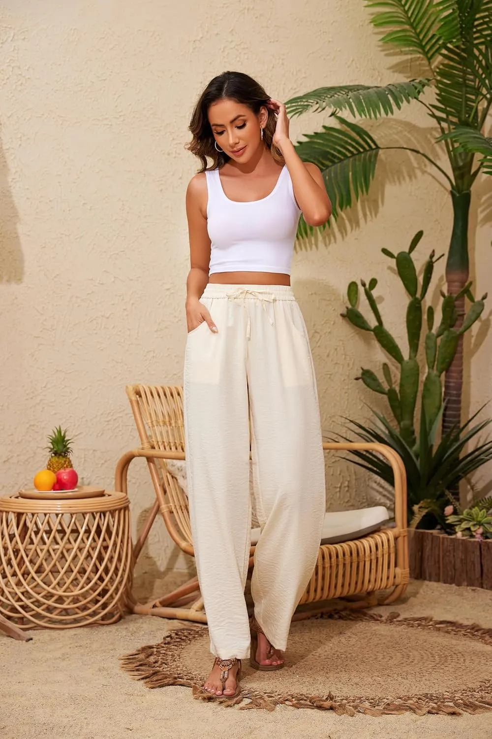 Women Pants Flowy Pants Drawstring Waist Wide Leg Palazzo Beach Pants Loose Fit with Pockets